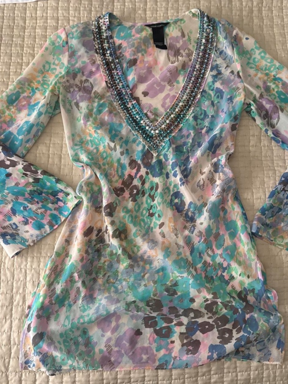 Beaded V-Neck Floral Chiffon Tunic - Multicolor